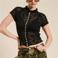 Women Semi Sheer Knit Top Mock Neck Button Front Short Sleeve Slim Cropped Tee Y2K Vintage See Through Knitwear Blouse