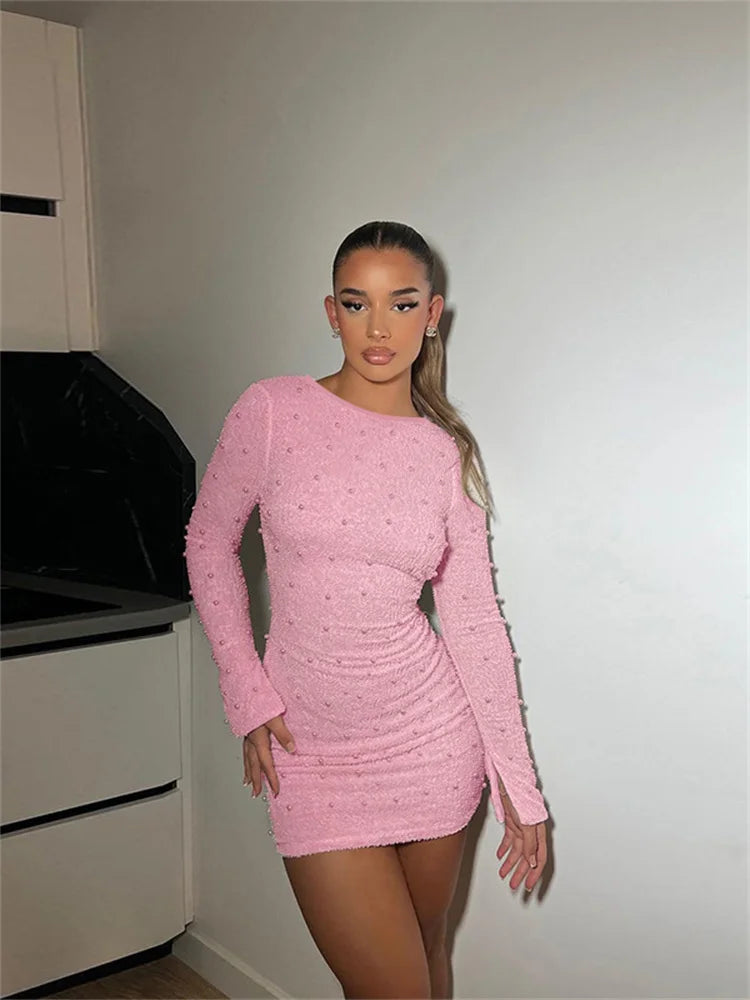 Autumn Beading Solid Women Mini Dress Classic Backless Full Sleeve Round Neck Skinny Hip Vestidos Female Trend Bodycon