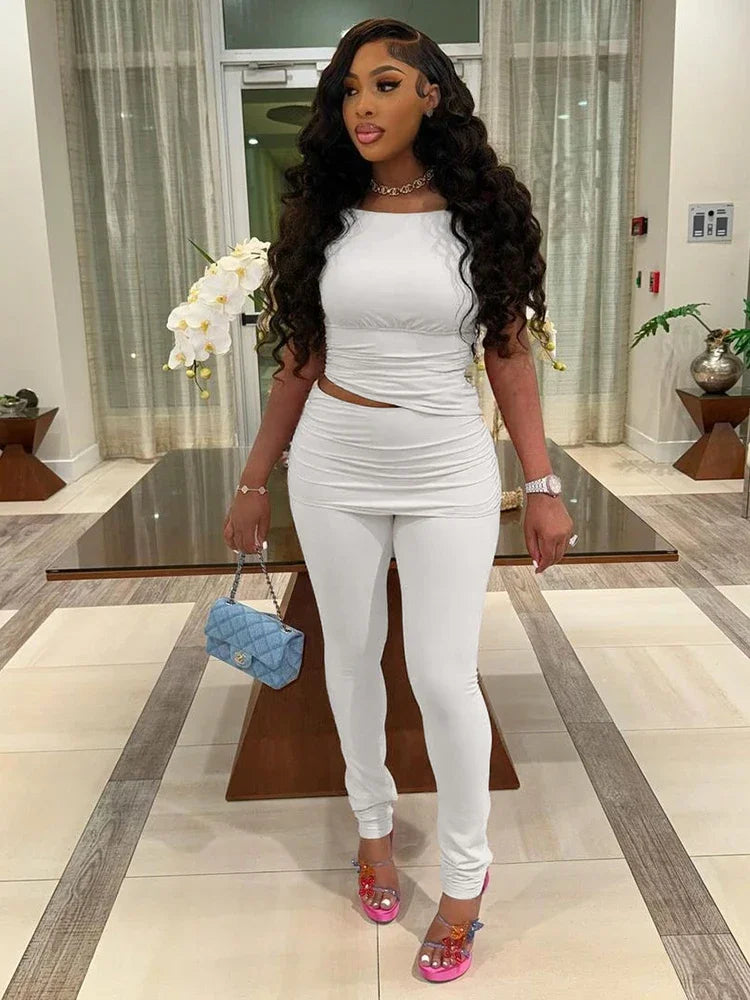 Daily Casual 2 Piece Set Women Ruched o-Neck Sleeveless Crop Tops+Skinny Long Pants Street Solid Simple Fashion Suits