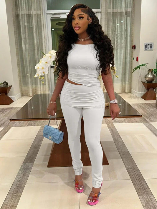 Daily Casual 2 Piece Set Women Ruched o-Neck Sleeveless Crop Tops+Skinny Long Pants Street Solid Simple Fashion Suits