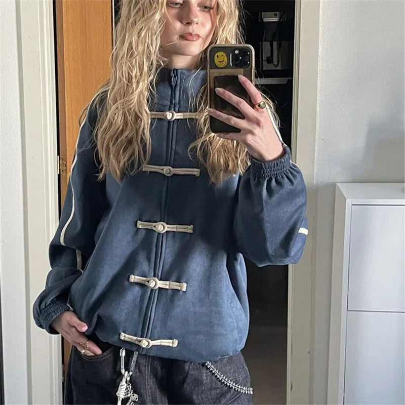 Ladies Stand Collar Zip Up Outerwear Chinese Frog Buttons Side Striped Oversized Loose Suede Jacket Vintage Streetwear