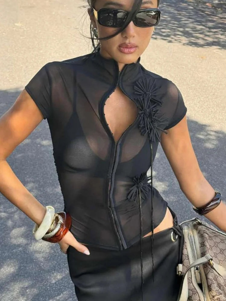 Sexy Mesh Sheer Black Shirts & Blouses 3d Flower Appliques Turtleneck Short Sleeve Crop Tops Cardigan