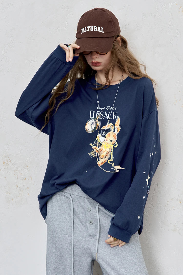Women's Long Sleeve Graphic Tee with Rabbit Print, Loose Fit Casual Top for Everyday Wear
