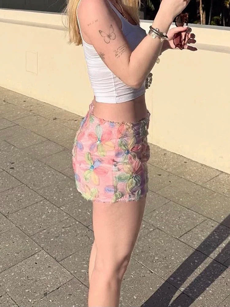 Colorful Flowers Skirts Women Sequins Patchwork Mesh Summer Trend Sweet Street Party Casual Holiday Chic Mini Bottoms