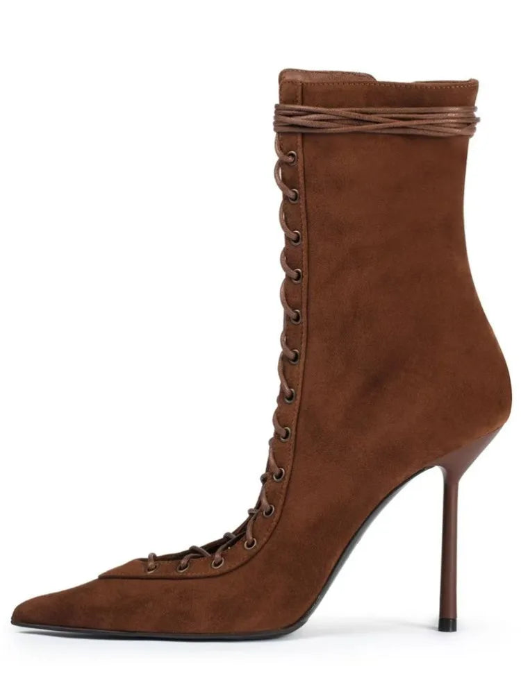 2026Spring/Summer New Lace Up Short Cool Boots Side Zipper Banquet Slimming High Heels Sexy Knee Length Women's Boots