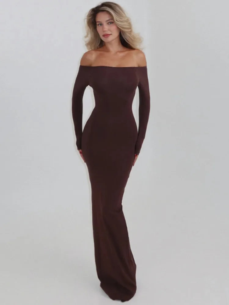 Women Off Shoulder Long Sleeve Sexy Maxi Dress Bodycon Backless Mermaid Dress Elegant Party Club Evening Long Dress