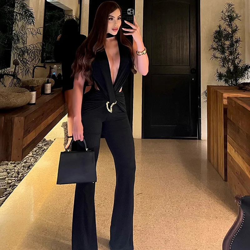 Sexy Jumpsuits for Woman Outfit Club Wear One Pieces Sleeveless Deep V Neck Backless Flare Jumpsuit