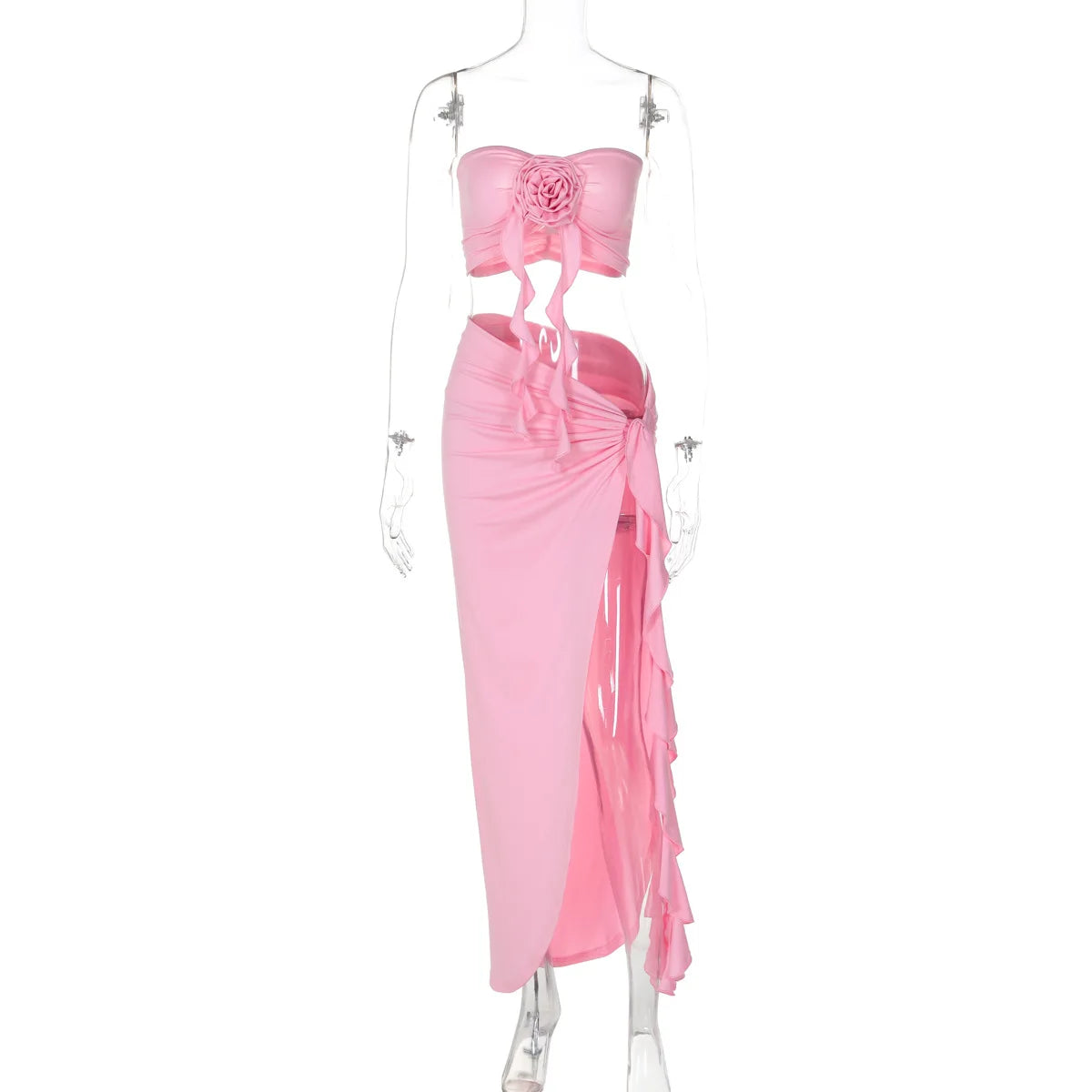 Sexy Skirt Two Piece Sets Women Flower Strapless Crop Tops And Midi Skirt Femme Backless Side Slit Sexy Two Piece Sets