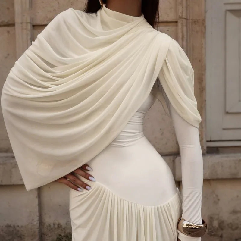 Asymmetrical Long Sleeve Pleated Maxi Dress Elegant Party Evening Dresses Winter Clothes Woman