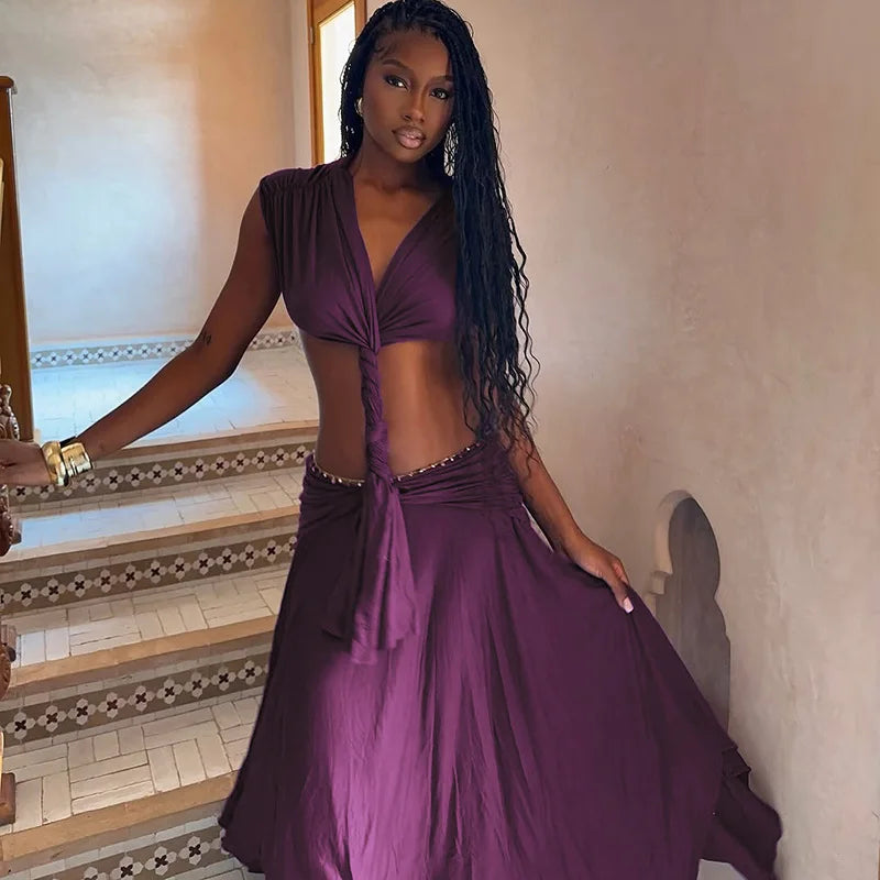 Cut Out Backless Long Dresses with Asymmetrical Handkerchief Hem Sexy Purple Summer Dresses for Woman