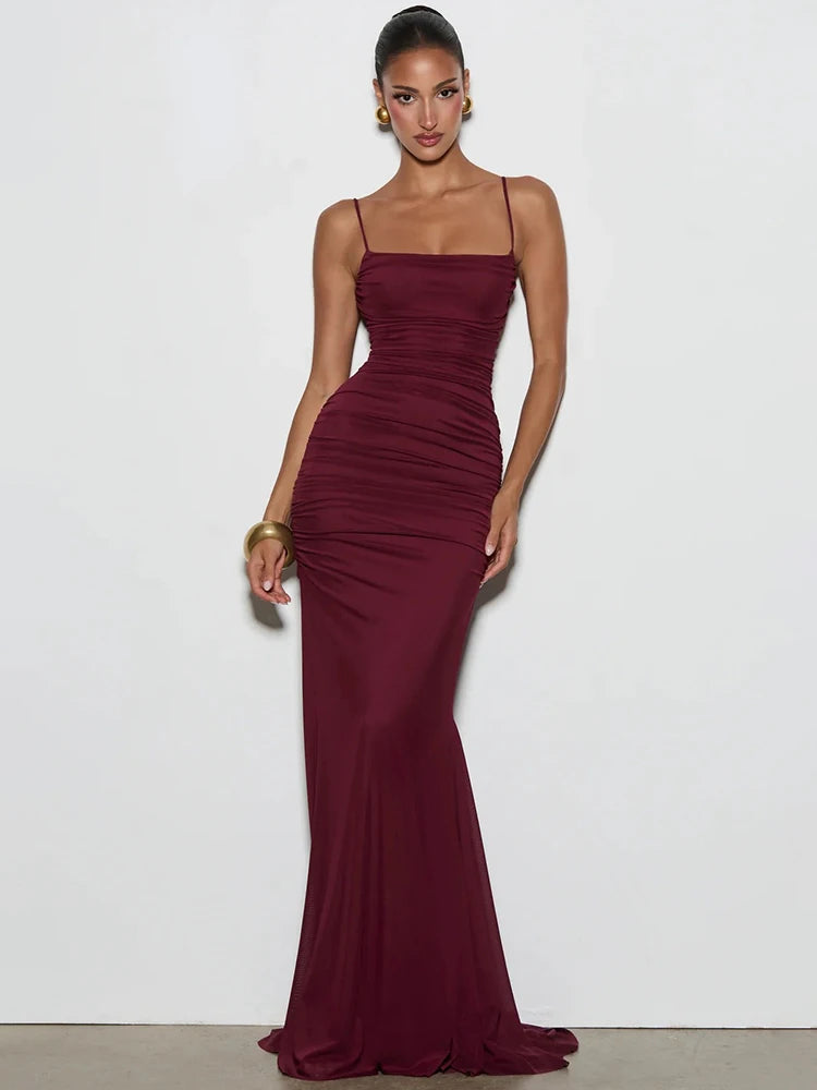 Spaghetti Strap Backless Sexy Maxi Dress Women Elegant Square Collar Sleeveless Bodycon Club Party Mermaid Long Dress