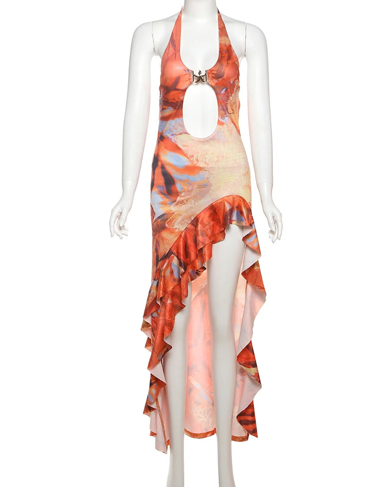 Halter Metal Buckle Dress Women Y2K Hollow Backless Summer Trend High Split Ruffles Sexy Elegant Bandage Maxi Bodycon