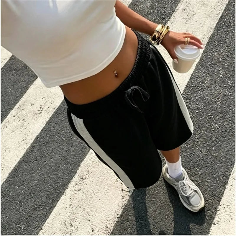 Women Color Block Side Stripe Bermuda Shorts Elastic Drawstring Waist Wide Leg Knee Length Loose Sweat Athletic Shorts