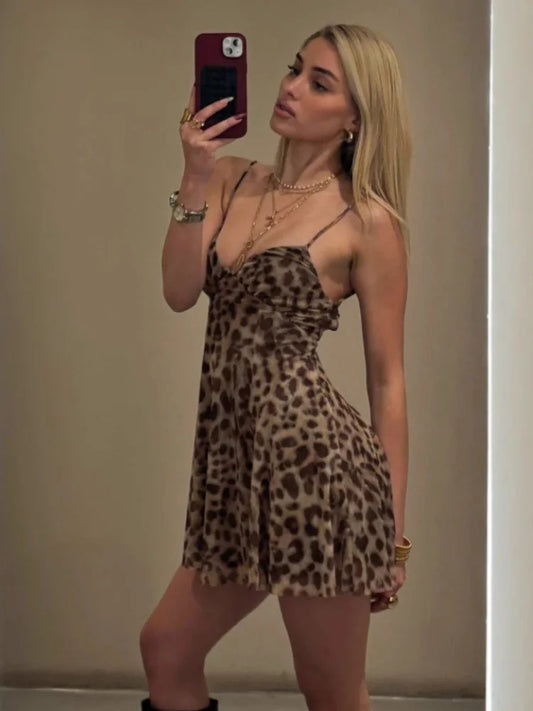 Leopard Print Mesh Sexy Dresses for Summer 2025 Spaghetti Strap Deep V Neck Backless Mini Dress Club Wear