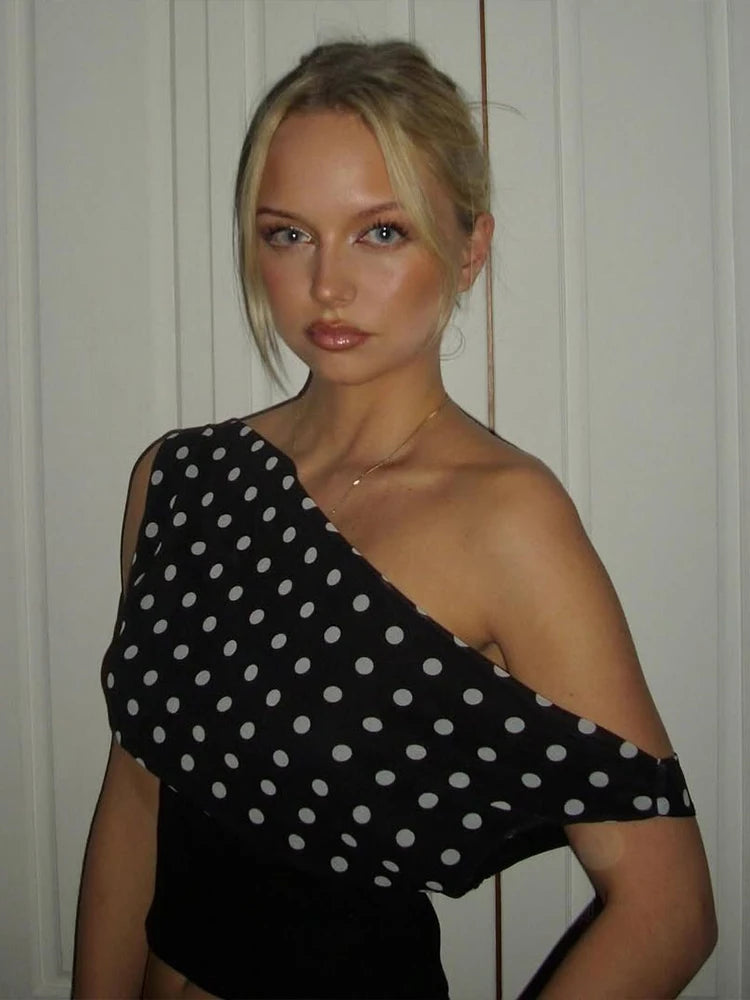 Summer Trend Polka Dots Print T-Shirts Women  Skew Collar Off Shoulder Backless Street Fashion Trend Ruched Crop Tops