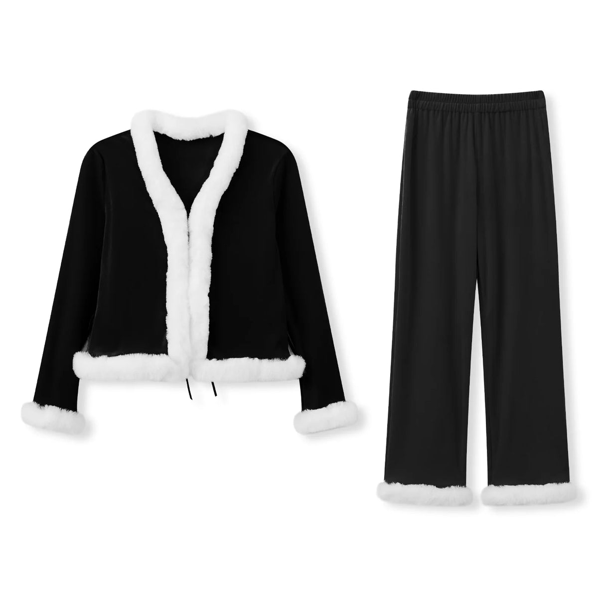 Christmas Women Velvet Santa Outfit 2 Pcs Set Fur Trim Crop Top Long Pants Holiday Party Costume Xmas Festive Loungewear