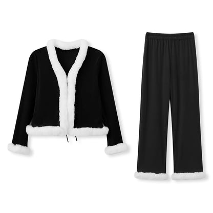 Christmas Women Velvet Santa Outfit 2 Pcs Set Fur Trim Crop Top Long Pants Holiday Party Costume Xmas Festive Loungewear