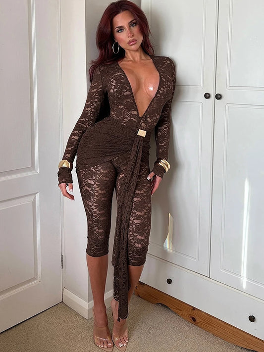 Low-Neck Romper Women See Through Jacquard Sexy Coquette Full Sleeve Cinched Waist Metal Knot Tassel Club Playsuit