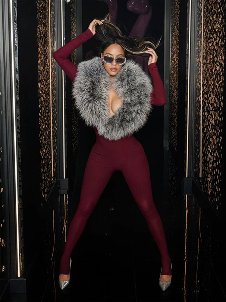 Furry Deep V-Neck Jumpsuits Woman Hipster Patchwork Trend Sexy Stretch Fitness Club Activity Luxury Midnight Overalls