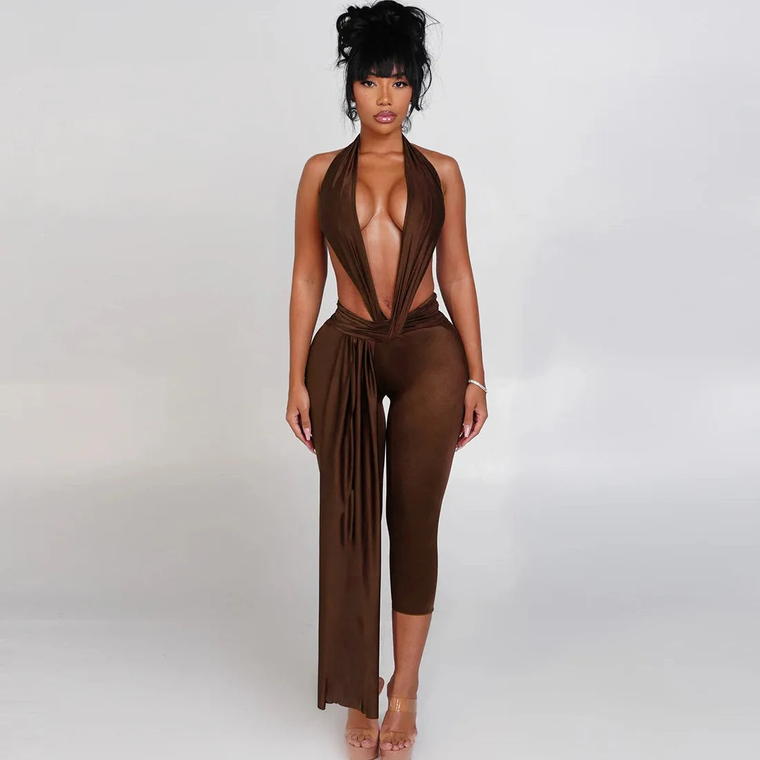Sexy Women Bodycon Jumpsuit Solid Color Sleeveless Deep V Halter Neck Backless Bodysuit Midnight Activity Slim Playsuits