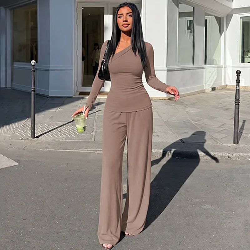 Two Piece Matching Set Asymmetric Long Sleeve Top and High Waist Wide Leg Pants Elegant Fall Outfits Woman