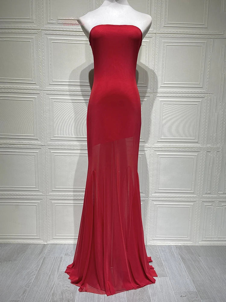 Off-shoulder Strapless Sexy Maxi Dress Women Gown Fashion Elegant Mesh Sleeveless Backless Bodycon Club Party Dresses