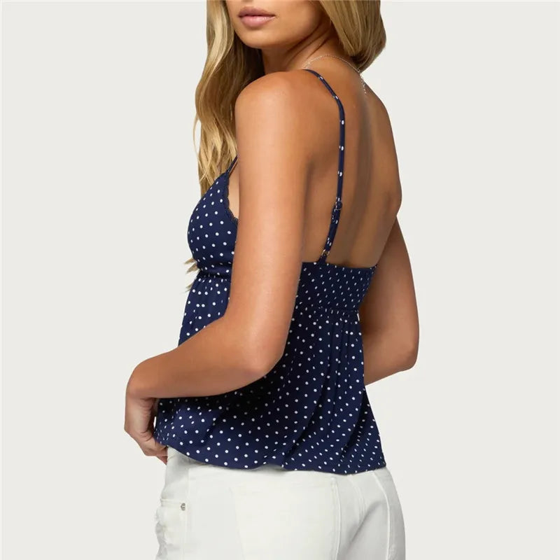 Women's Summer Slim Camisole Y2K Vintage Polka Dot Print Spaghetti Strap V-Neck Mesh Trim Tank Tops Fashion Streetwear