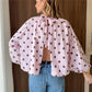 Y2K Women Polka Dot Blouse Puff Long Sleeve Stand Collar Shirt Back Bow Tie Loose Cropped Top Fall Casual Backless Shirt