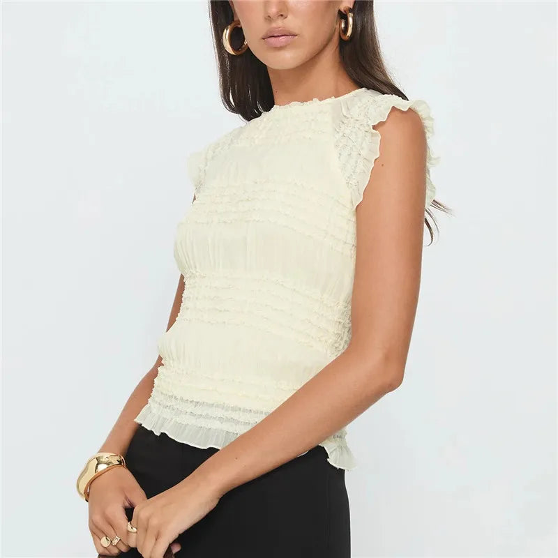 Cottage Vintage Ruffles Hem Shirt Vest Y2k Women Shirred Elastic Tank Tops Summer Sleeveless Slim Fit Crop Tops