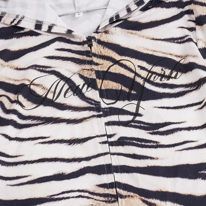 Zebra Print 2 Piece Sets Zip Up Hooded Long Sleeve Crop Top and Shorts Sexy Fall Outfits Woman Matching Sets