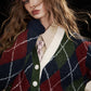 2025 V Neck Cardigan Women, Loose Preppy Wool Blend Sweater, Y2K Diamond Pattern Open Front Knit Top