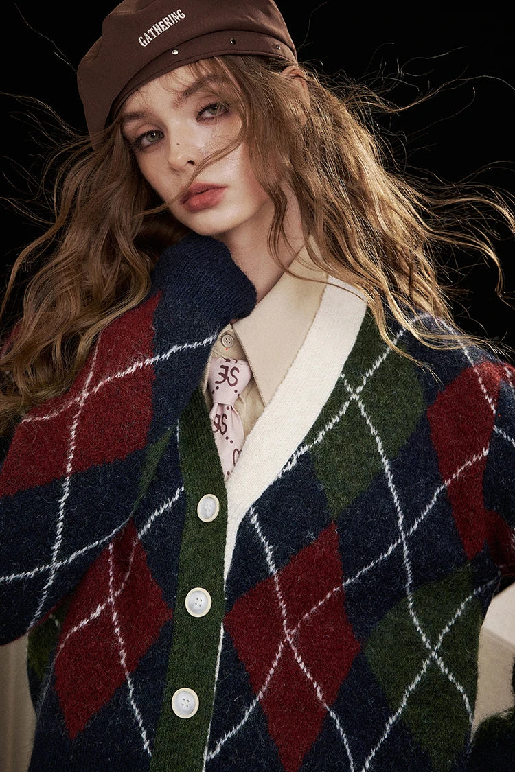 2025 V Neck Cardigan Women, Loose Preppy Wool Blend Sweater, Y2K Diamond Pattern Open Front Knit Top