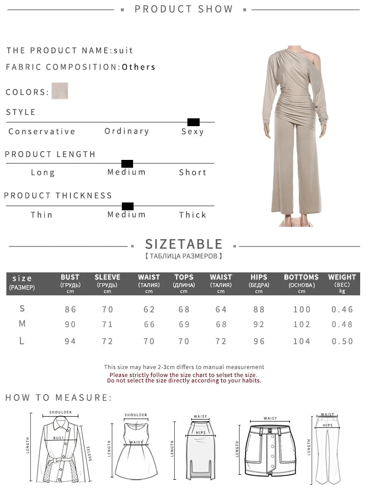 Leisure Elegant 2 Piece Set Women Trend Simple Skew Collar Full Sleeve T-Shirt+Patchwork Ruched Wide-Leg Pant Street Suit