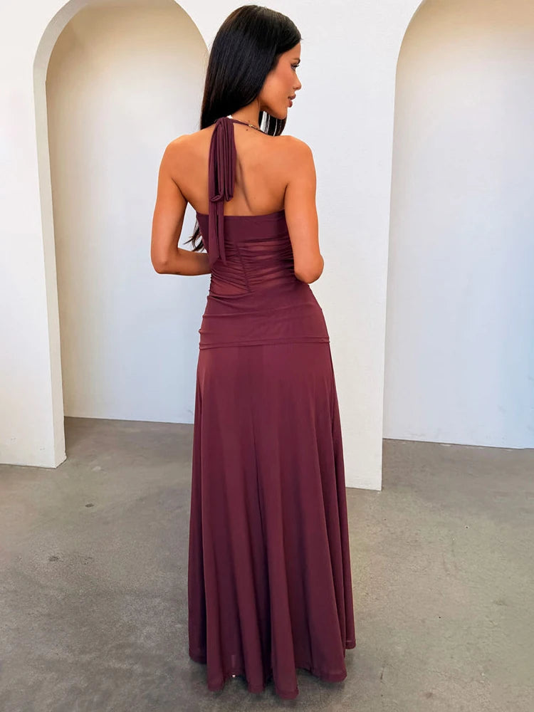 Halterneck Mesh Backless Sexy Maxi Dress Women Elegant Off-shoulder Sleeveless Bodycon Ruched Club Party Long Dress