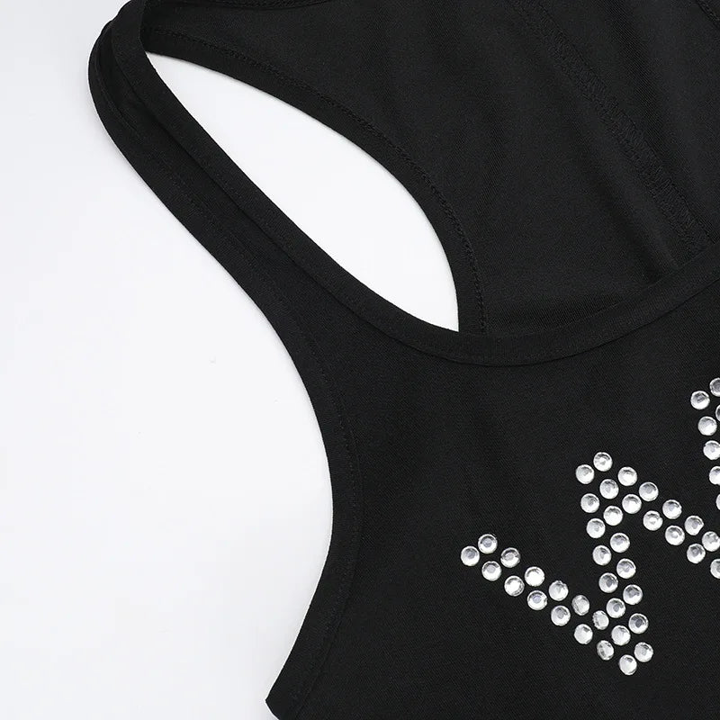 Rhinestone Wet Sleeveless Flare Jumpsuits Black One Piece Clothes Sexy Jumpsuit for Womens 2024 Club Outfits