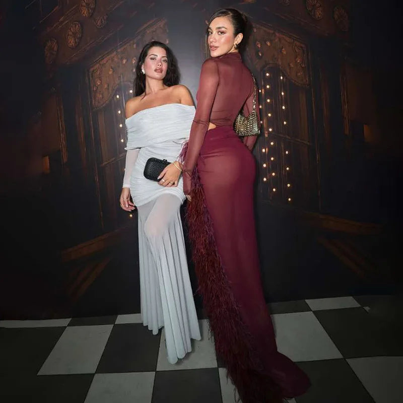 See Through Mesh Dress Suits for Woman Club Outfits Turtleneck Long Sleeve Bodysuit Top Furry Split Long Skirt