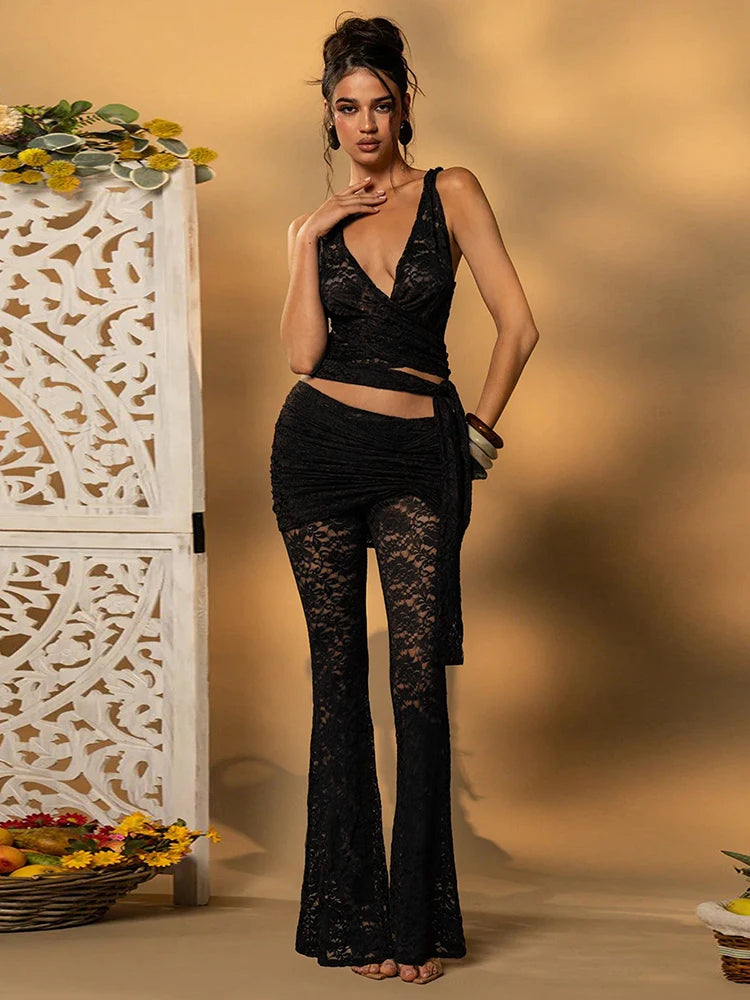 Jacquard Women 2 Piece Set Thin Summer Trend Backless Bandage Cross Tank Tops+Skirts Pants Matching Clubwear Outfits
