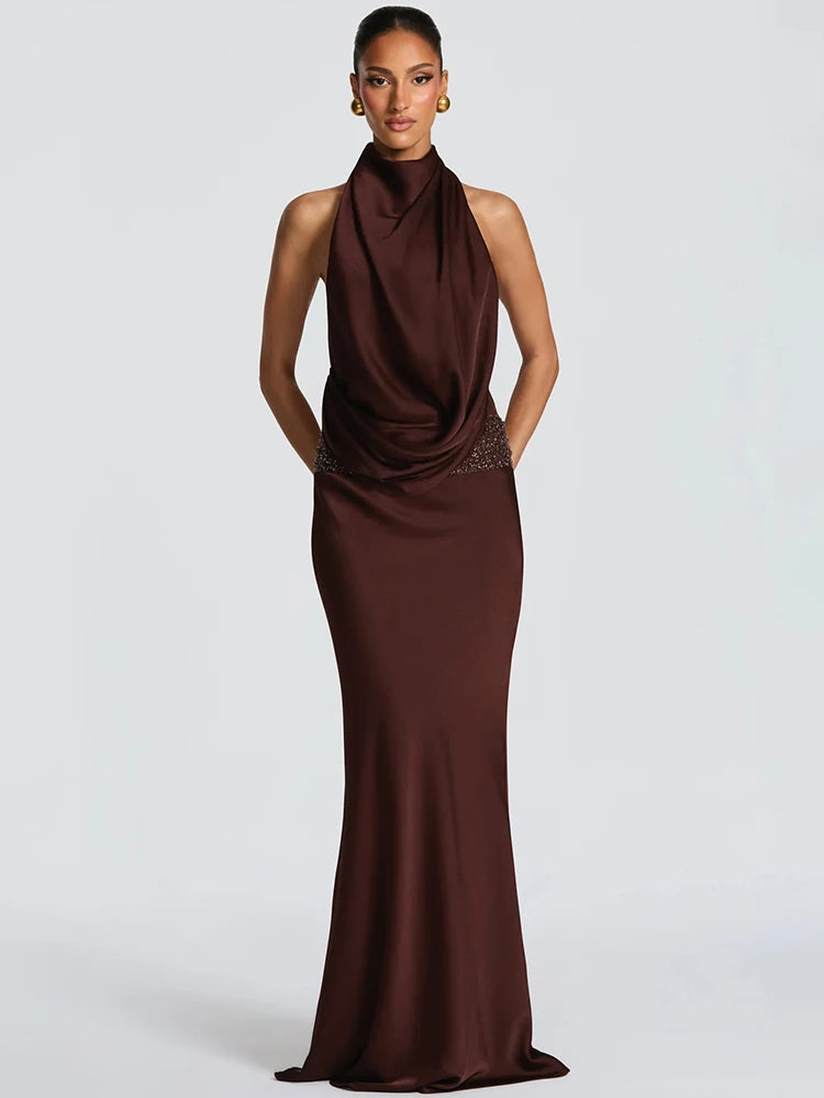 Halter Bckless Sexy Maxi Dress Women Gown Elegant Off-shoulder Sleeveless Draped Ruched Bodycon Club Party Long Dress
