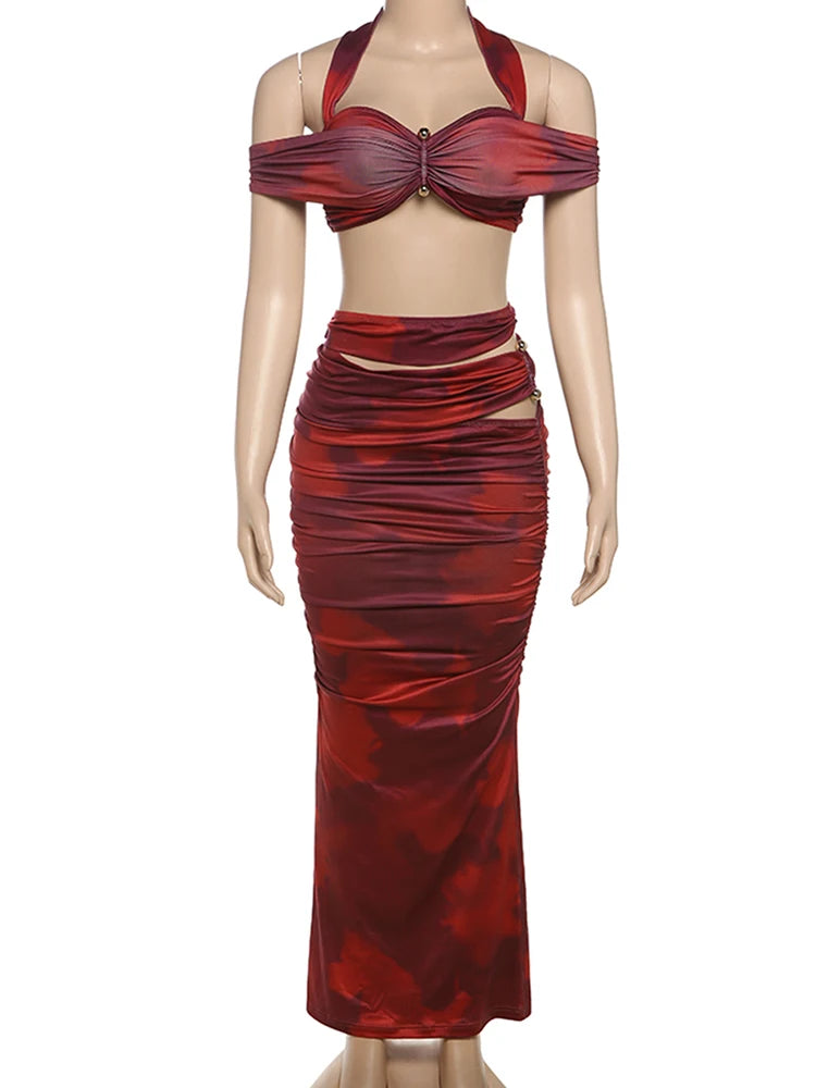 Sexy 2-Piece Set Women Y2K Halter One Shoulder Metal Knot Crop Tops+Hollow Long Skirts Beach Party Matching Outfits