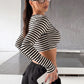 Stripes Print Crop Tops Woman Autumn Trend Low-Neck Full Sleeve Skinny Stretch High Street Versatile Style T-Shirts