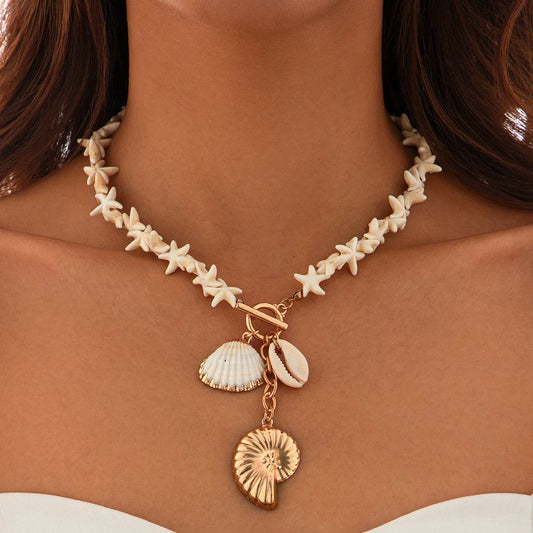 Boho White Starfish Chain Necklace for Women Fashion Statement Elegant Conch Snail Pendant Choker Aesthetic Y2K Jewelry