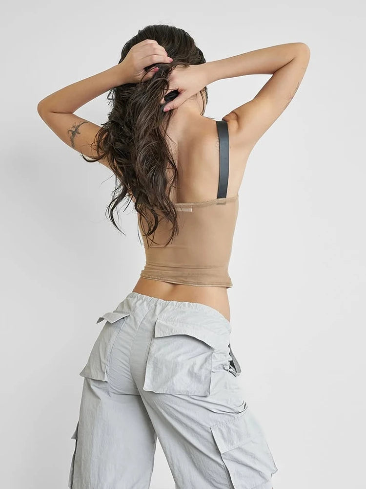 Patchwork Fungus Edge Camisole Women Y2K Mesh Metal Adjustment Clasp Low-Neck Sexy Skinny Midnight Summer Trend Tops