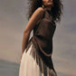 Women's Summer Fashion High Neck Asymmetrical Fringed Tanks Tops Sleeveless Solid Color Ruched Tassel Hem Slim Fit Vests