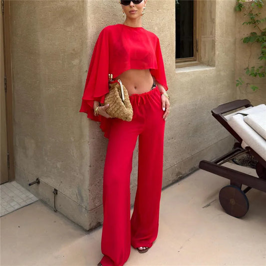 Y2K Retro Sheer Chiffon Cape 2 Piece Set Women Cropped Flowy Top Drawstring Wide Leg Pants Beach Street Matching Outfit