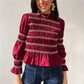 Women Smocked Ruffle Hem Blouses Pleated Patchwork Long Lantern Sleeve Ruched Shirts Y2k Vintage Going Out Babydoll Tops