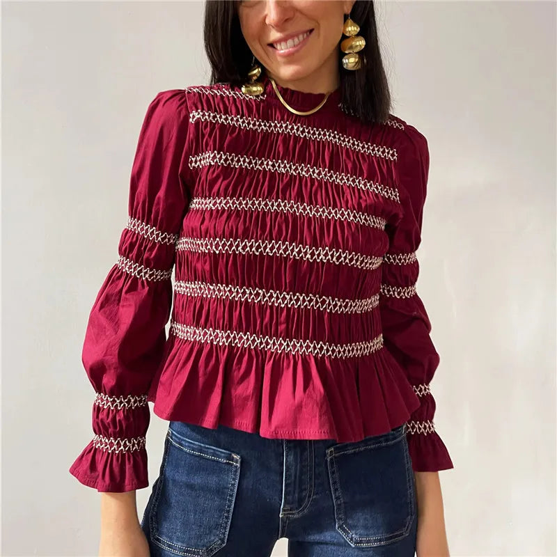 Women Smocked Ruffle Hem Blouses Pleated Patchwork Long Lantern Sleeve Ruched Shirts Y2k Vintage Going Out Babydoll Tops
