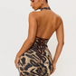 Women Leopard Print Halter Mini Dress Backless Crisscross Lace Up Back Ruched Bodycon Short Dress Nightclub Party Dress