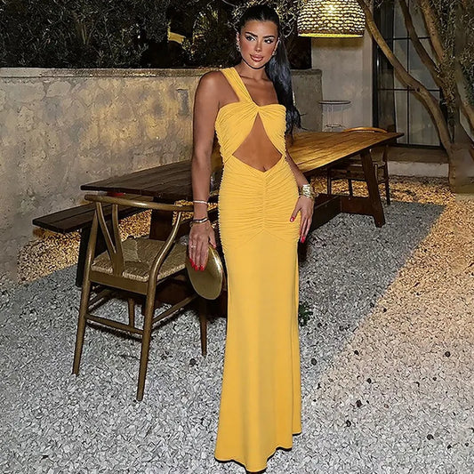 Twisted Hollow One Shoulder Backless Maxi Dress Woman Yellow Elegant Party Dresses for Wedding Guest