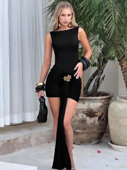 Sleeveless Draped Backless Short Dresses Black Luxury Cocktail Party Evening Dresses Elegant Woman Outfits