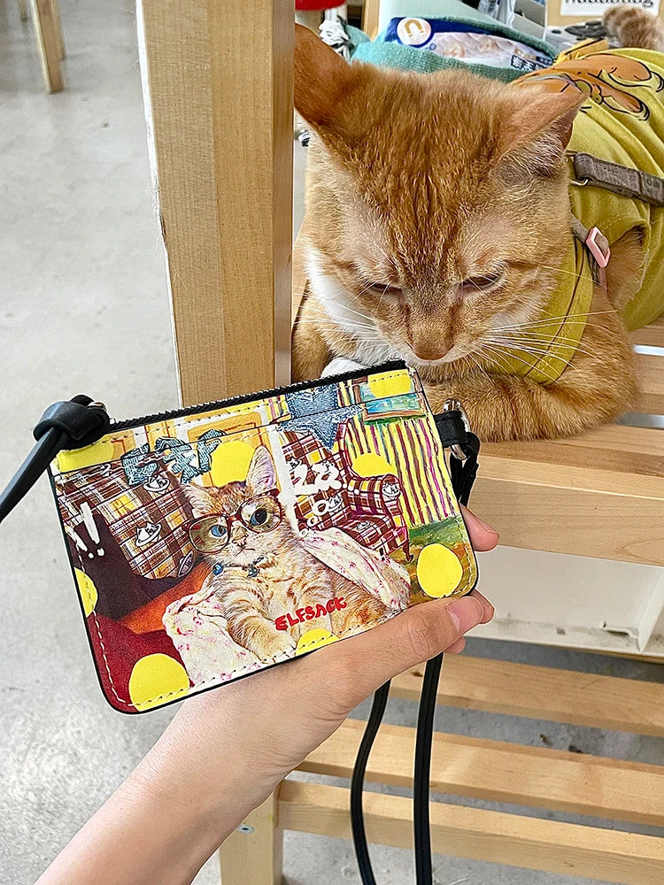 Cute Cat Print Card Holder, Mini Zipper Coin Purse with Lanyard, Casual Small Wallet for Women